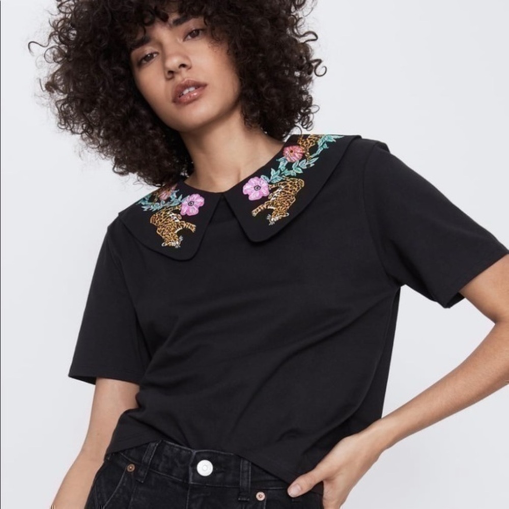 ZARA PRINTED T-SHIRT WITH PETER PAN COLLAR 0085/309